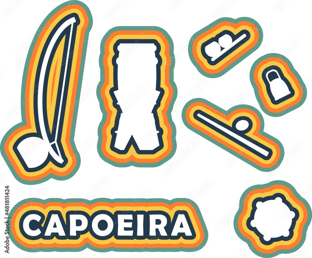 Canvas Prints Sticker silhouette set of brasil capoeira music instruments. Berimbau, agogo, atabaque, pandeiro in sticked colorful style.