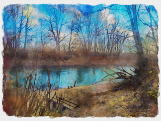 river in the forest, aquarelle photoshop effect