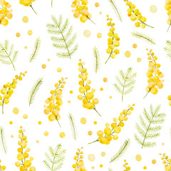 Watercolor seamles floral pattern. Hand-drawn texture with mimosa - obrazy, fototapety, plakaty