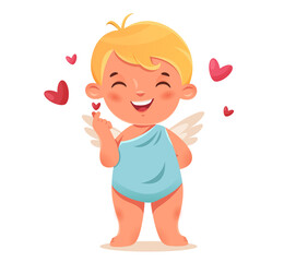 Funny cupid, little angels or amur. Cupid shows finger heart gesture. Romantic flat character. 