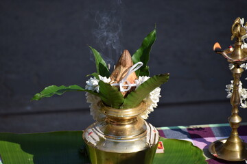 Closeup view of Hinduism Tamil new year decorations, thai pongal kolam decoration, hindu new year...