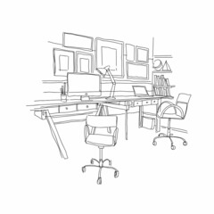 Fototapeta premium Sketch interior office workplace. Hand drawn vector illustration