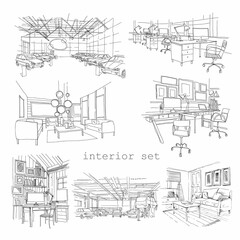 Set of different interior hand drawn sketch, vector illustration