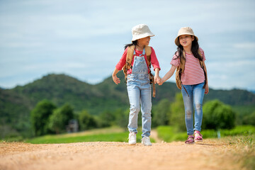 Group friend children travel nature summer trips.  Family Asia people  tourism happy and fun explore adventure outdoors for leisure and destination for education natural.  Travel Lifestyle Concept