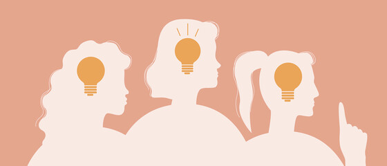 Achievements of women, ideas of feminists for March 8, Silhouette vector stock illustration isolated with Light bulb idea symbol