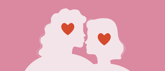 LGBTQ Couple Hugging, Silhouette Vector Stock Illustration with Adult Lesbian Women Kissing as Banner for February 14 Isolated