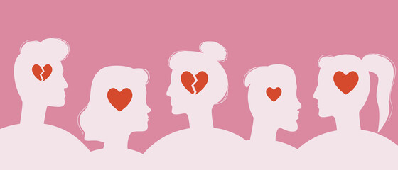 People with hearts as a symbol of love, Silhouette vector stock illustration as Concept of single people and relationships with Broken heart