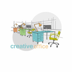 Sketch interior office workplace. Hand drawn vector illustration