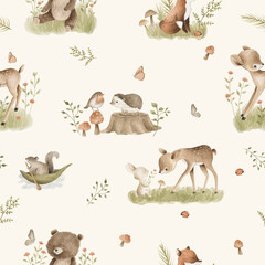 Woodland Animals watercolor forest illustration baby seamless pattern  illustration