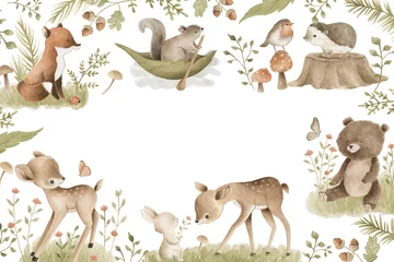 Fotobehang Boho dieren Bosdieren aquarel bos illustratie baby illustratie