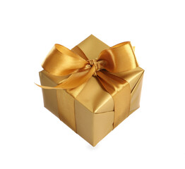 Gift box with golden ribbon and bow on white background