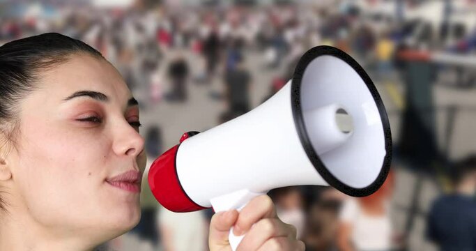 woman speaking on megaphone