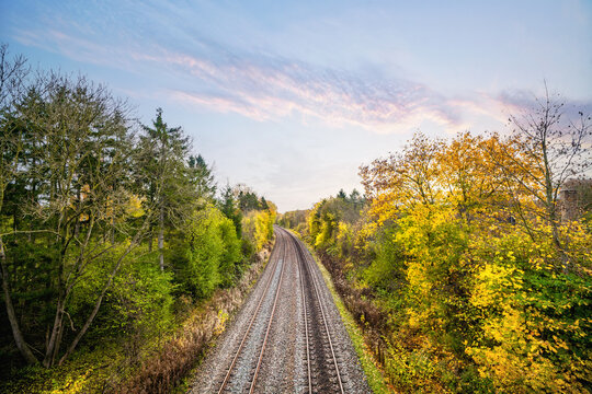 Colorful autumn scenery with a railroad track