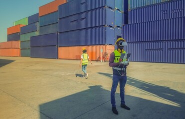 African American male in safety uniform works in cargo shipping site for import export global logistic