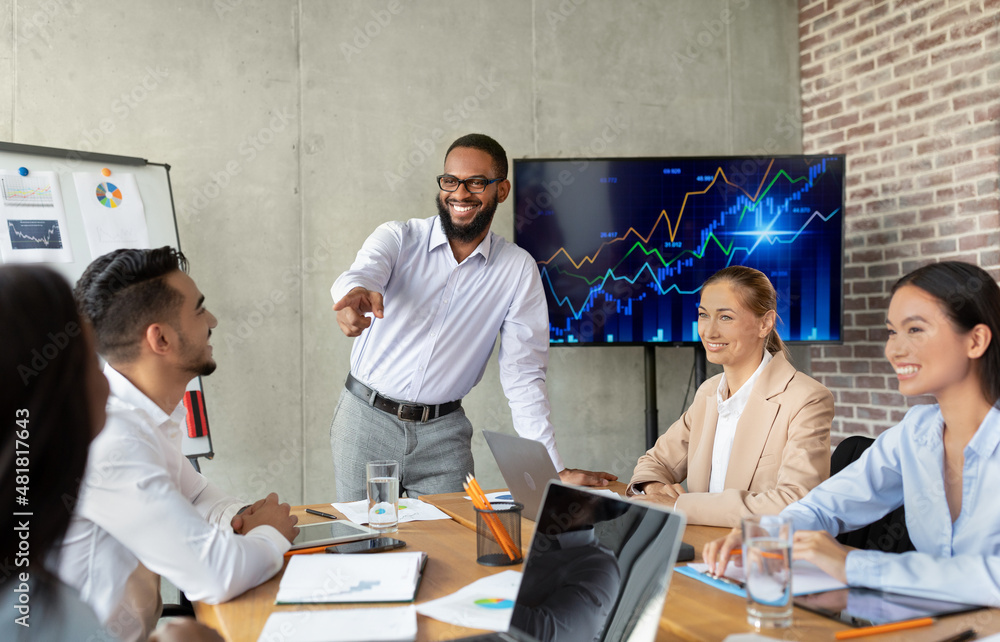 Aufkleber group of multiracial business people discussing ideas and brainstorming in modern office
