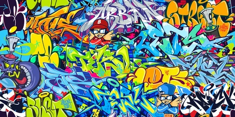 Foto op Plexiglas Seamless Abstract Colorful Urban Style Graffiti Street Art Pattern. Vector Illustration Background © Anton Kustsinski