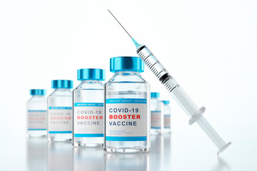 Booster vaccination concept with syringe and bottles of vial  - 3D illustration