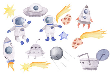 Seamless space pattern with little astronaut, stars, planet, rocket, comet drawn by hand in watercolor. Cute baby ornament on white background 
