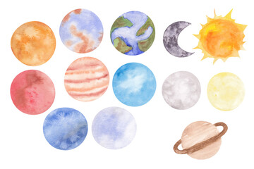 Watercolor solar system on white background