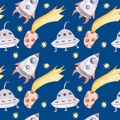 Watercolor seamless pattern space, planet of Solar system, stars, moon