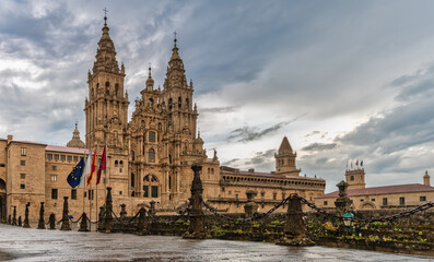 Panoramic view of the Cathedral of Santiago de Compostela. - obrazy, fototapety, plakaty