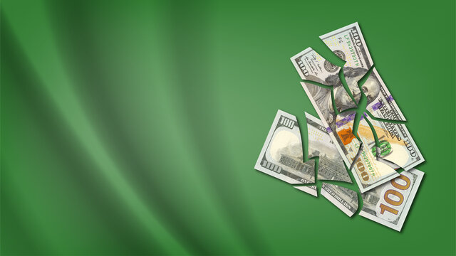 Broken US paper money on a green wavy background. Banknotes of 100 dollars with shadows. Illustration, economic banner template