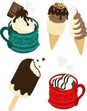 ホットチョコレートやアイスクリームやソフトクリームの、可愛いチョコレートスイーツのアイコンいろいろ