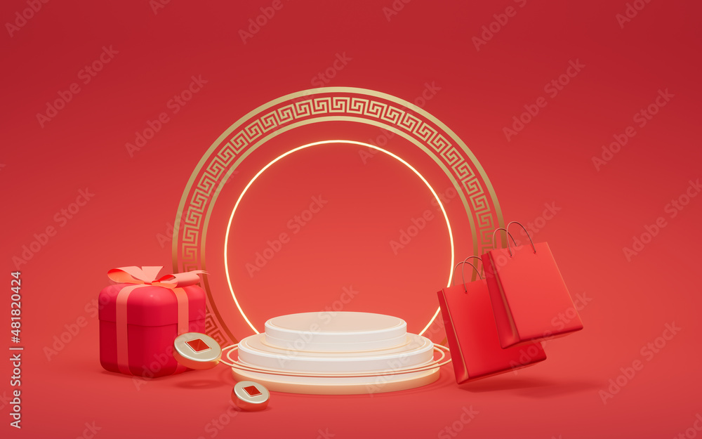 Poster empty stage with chinese style background, 3d rendering.