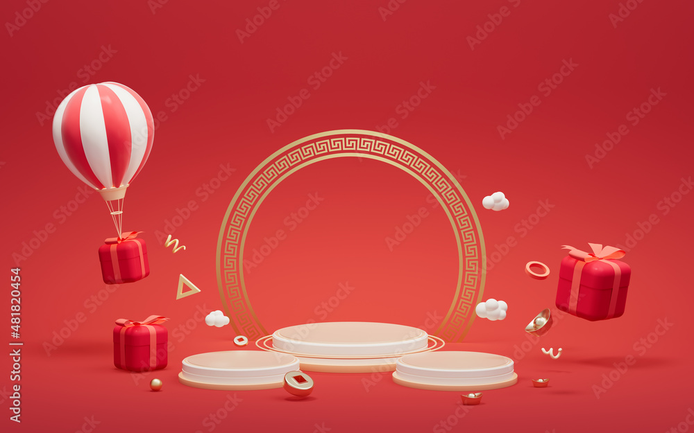 Poster empty stage with chinese style background, 3d rendering.