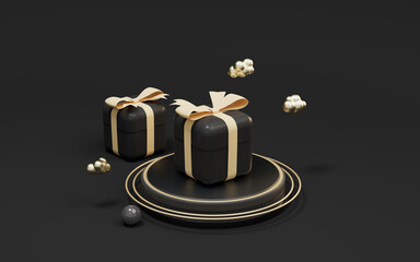 Gifts and stage with black background, 3d rendering.