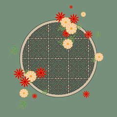 Chinese traditional window in flowers. Hand-drawing of a Chinese window with traditional elements on the green background. Vector. Illustration for a card, poster, banner, label, print.