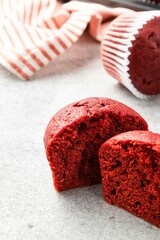 Red velvet muffins on a white background. Handmade cupcakes. Valentine day present. Selective focus.
