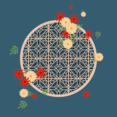 Chinese traditional window in flowers. Hand-drawing of a Chinese window with traditional elements on the blue background. Vector. Illustration for a card, poster, banner, label, print.