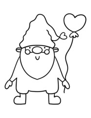 Valentines day gnome with heart. Coloring page illustration. Outline gnome illustration.