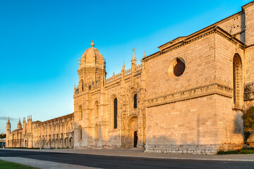 view of the facade of the church and monastery of the Jeronimos in Belem, Lisbon, Portugal.