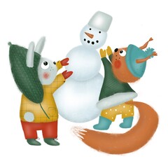 Rabbit and squirrel make snowman