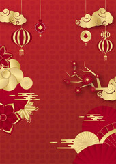 Obraz na płótnie Canvas Chinese china universal red and gold background with lantern, flower, tree, symbol, and pattern. Red and gold papercut chinese background template