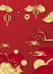 Chinese china universal red and gold background with lantern, flower, tree, symbol, and pattern. Red and gold papercut chinese background template
