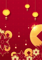 Chinese china universal red and gold background with lantern, flower, tree, symbol, and pattern. Red and gold papercut chinese background template