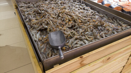 Fresh shrimp at the market for sell. Sea shrimps selling in supermarket. Seafood market.