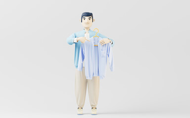 A man holding clothes with white background, 3d rendering.