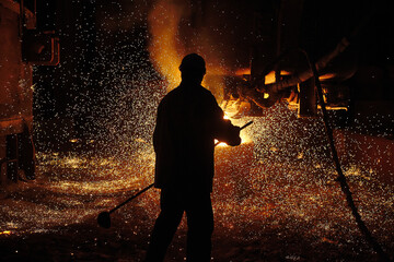 Metallurgist steelmaker takes a sample of liquid metal from a ladle. Ingot casting. Steel...