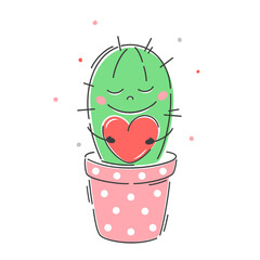Valentine card. Cute character cactus with a heart in his hands. Valentine's Day.  Vector characters for postcards and stickers.