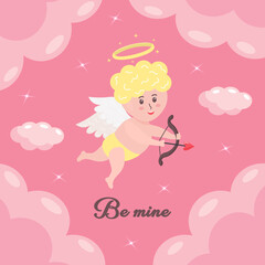 Cute cupid baby with heart arrow, bow and halo. Cherub character with angel wings is flying among clouds and stars. Valentine's Day postcard.