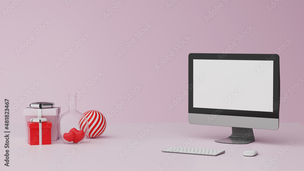 Aufkleber computer display for mockup on table, valentine concept, 3d rendering