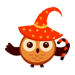 Cute owl in witch hat with candy cane. Happy Halloween symbol.