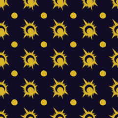 Golden mystical sun. Seamless pattern of the sun on a dark purple background.
