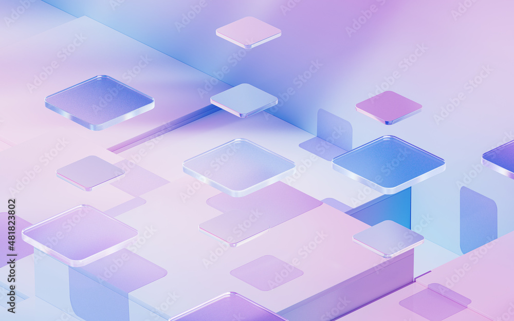 Poster gradient glasses and cubes, 3d rendering.