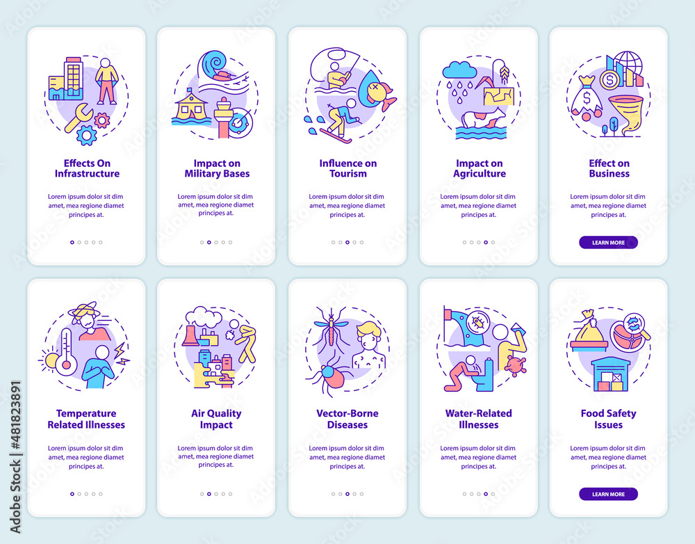 Aufkleber climate change onboarding mobile app screen set. global warming walkthrough 5 steps graphic instruct