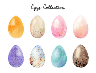 Watercolor set of Easter eggs. Cute bird's retro Easter eggs isolated on white background. Pastel Easter spring decoration design.